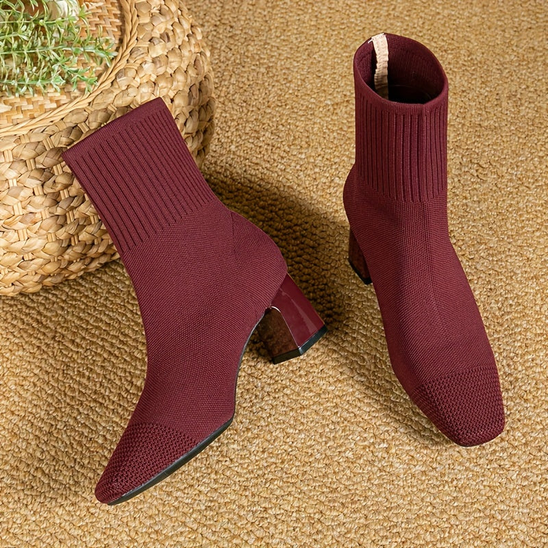 Bottines femme talon bloc en maille extensible, bout carré, style chaussette