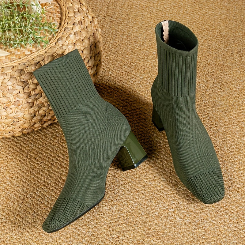 Bottines femme talon bloc en maille extensible, bout carré, style chaussette