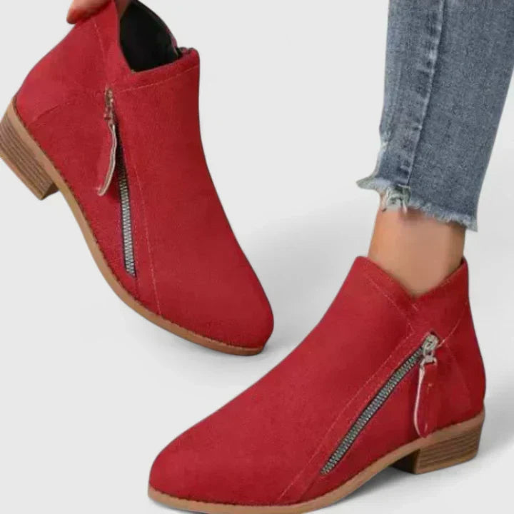 Bottines imperméables femme talon bloc zip - Rouge