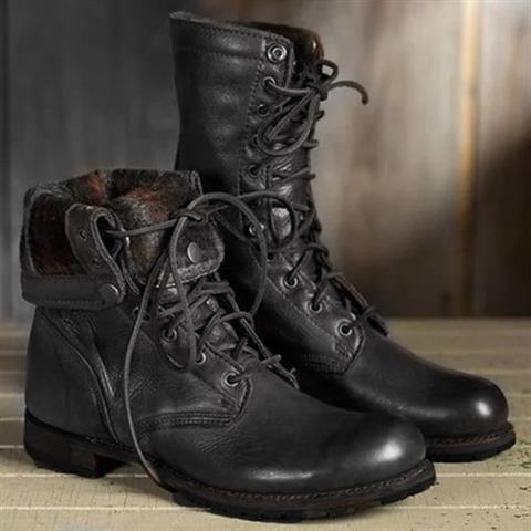 Bottines Lacets Femme Simili Cuir Talon Bloc Revers - Noir