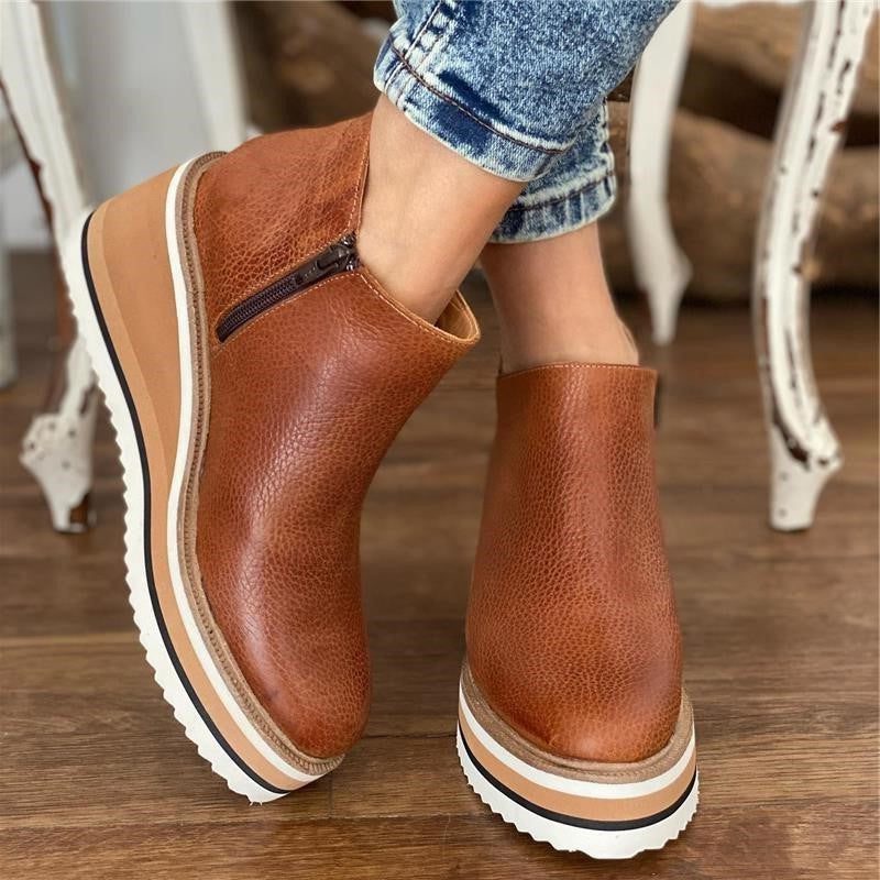 Bottines plateforme femme semelle épaisse à enfiler - Marron Foncé