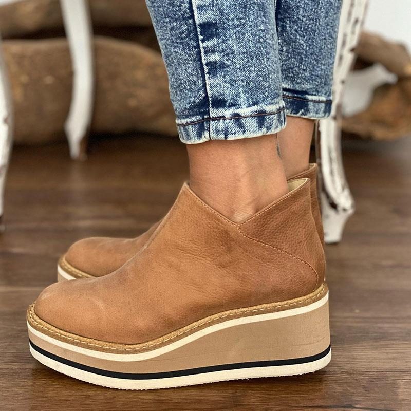 Bottines plateforme femme semelle épaisse à enfiler - Marron