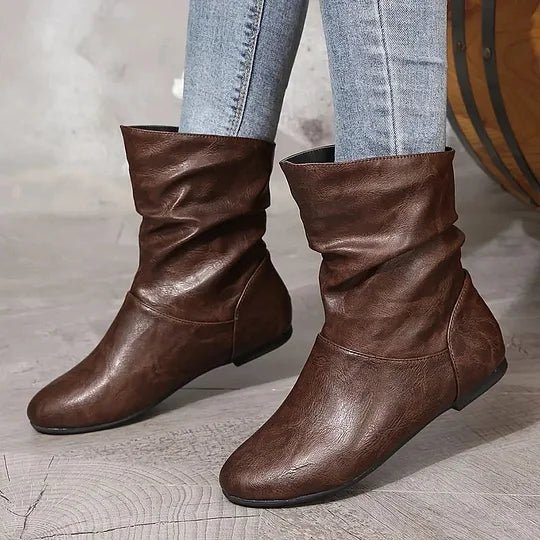 Bottines plates en cuir souple froncées femme - Marron Foncé