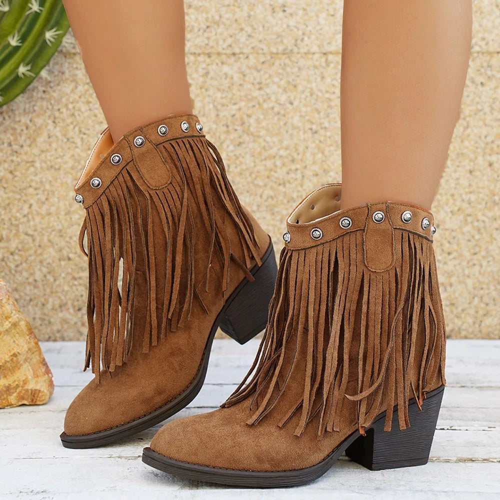 Bottines Santiag Femme Suédine à Franges - Marron