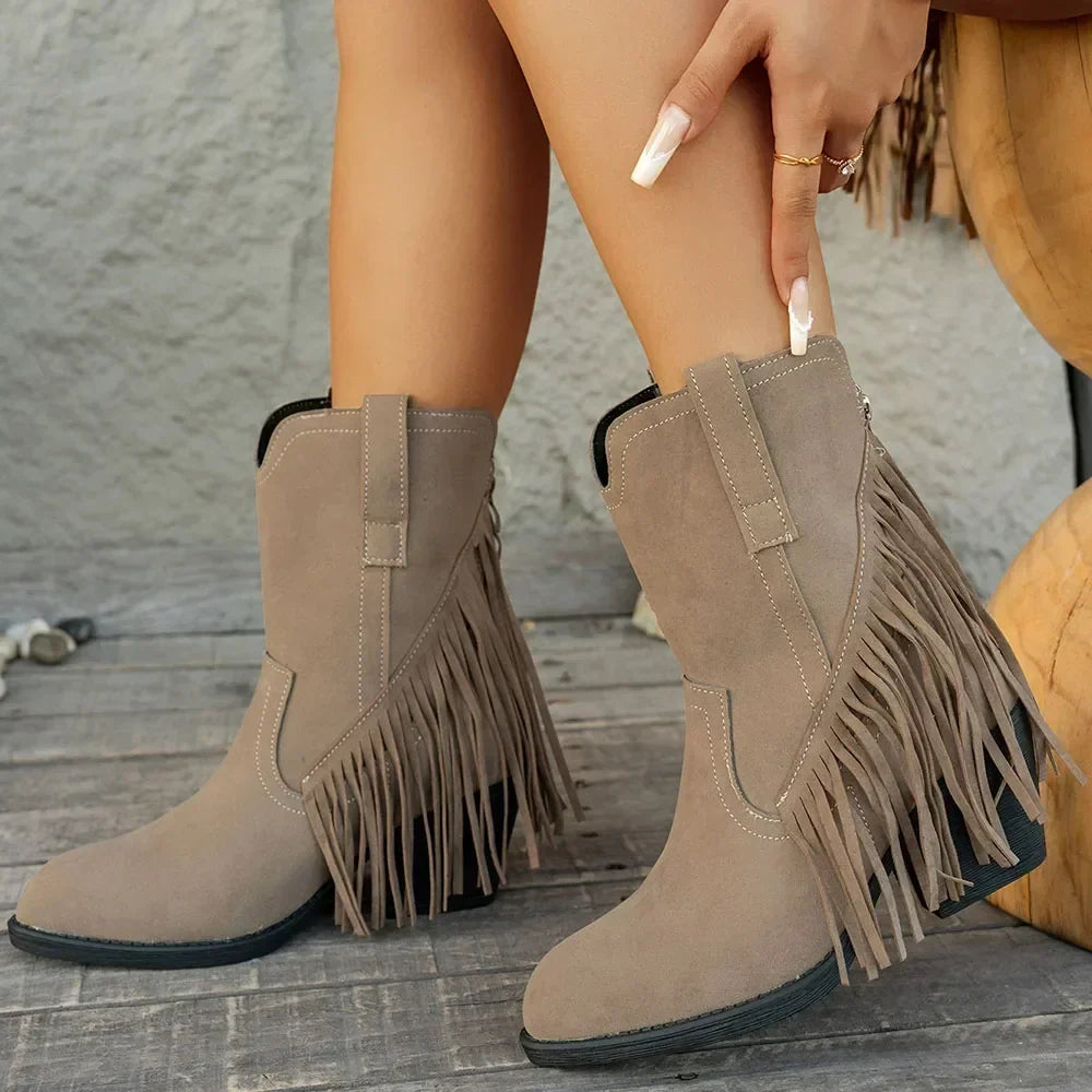 Bottines Santiag Femme Suédine à Franges - Gris