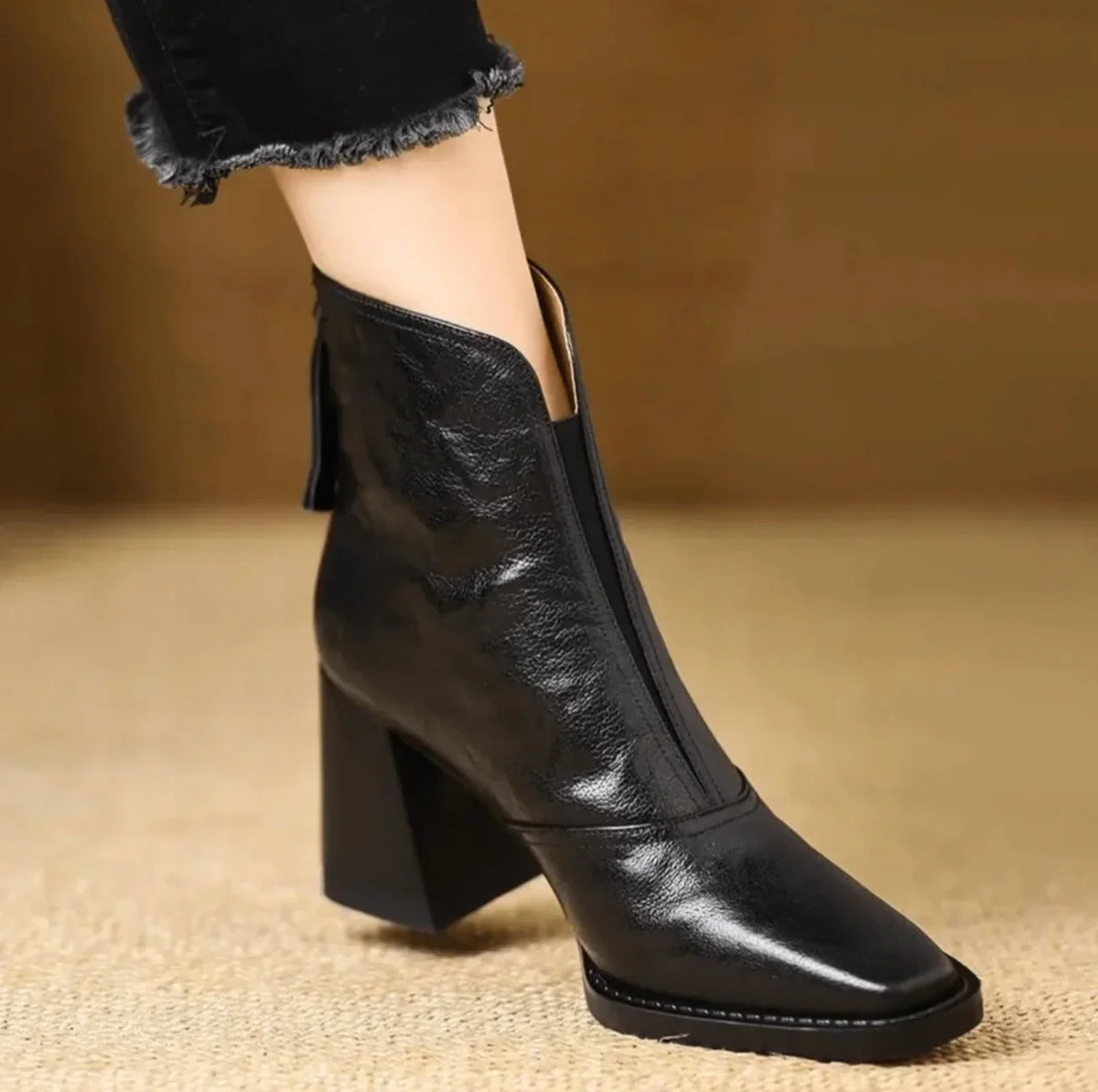 Bottines Talon Bloc Femme en Cuir - Noir