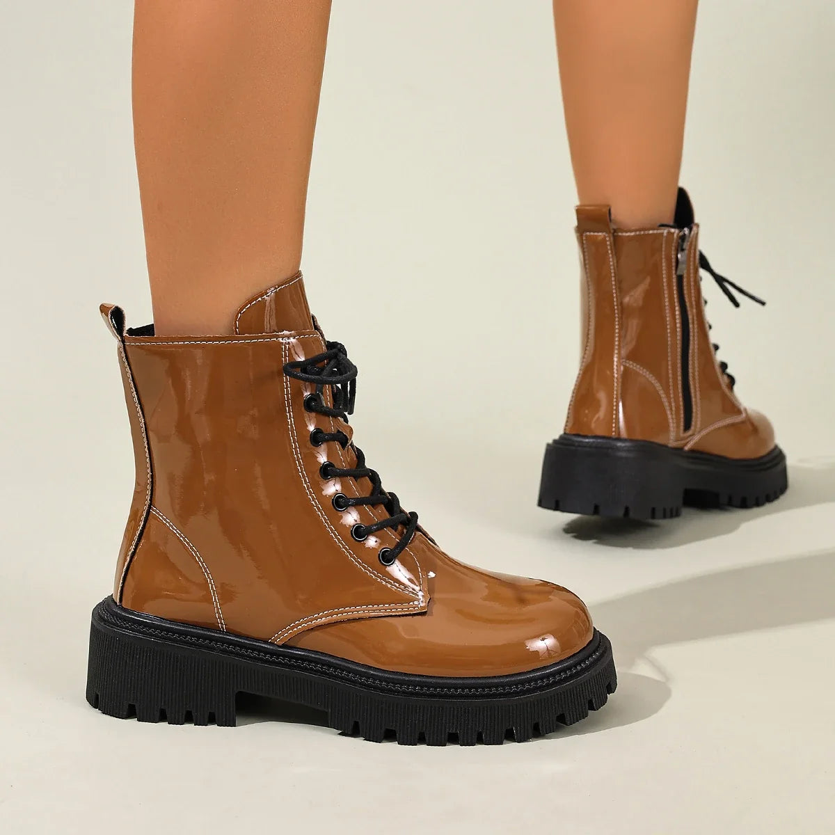 Bottines femme talon carré semelle crantée - Marron