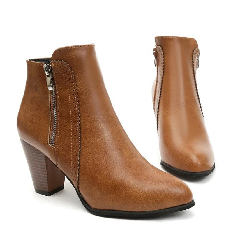 Bottines talon large zip femme - Marron