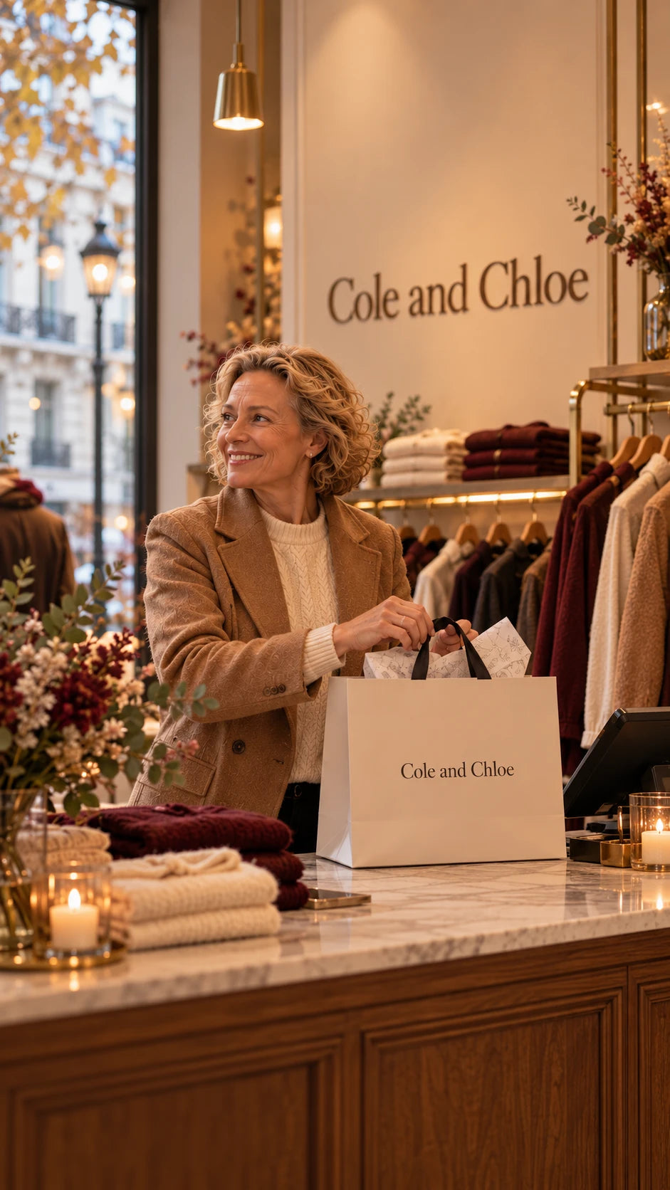 Femme souriante en blazer camel qui prépare un sac cadeau Cole and Chloe au comptoir