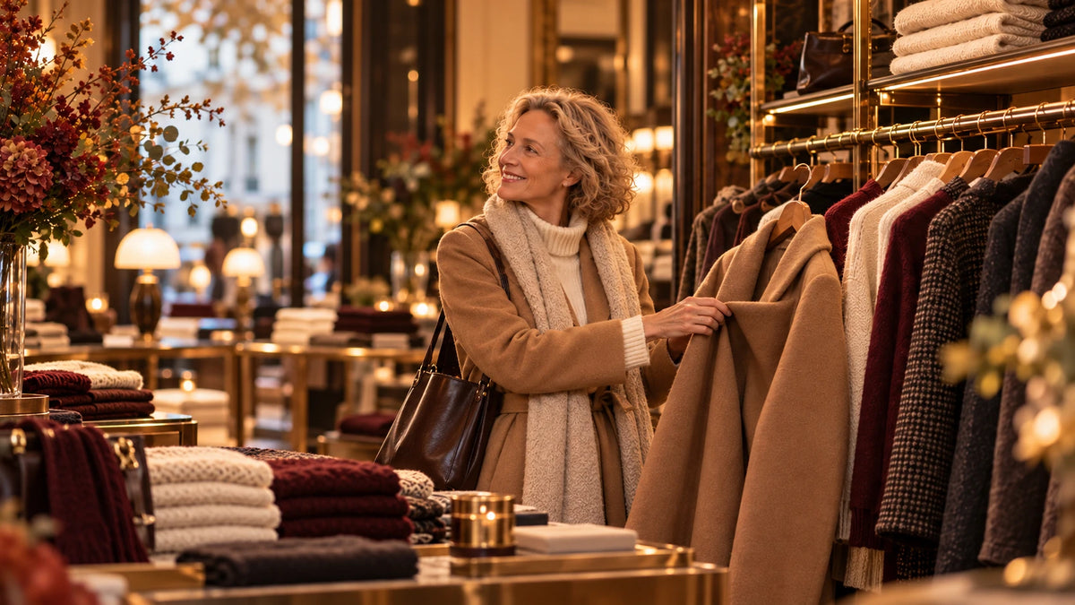 Femme en manteau camel et écharpe crème qui choisit un manteau en laine dans une boutique de mode