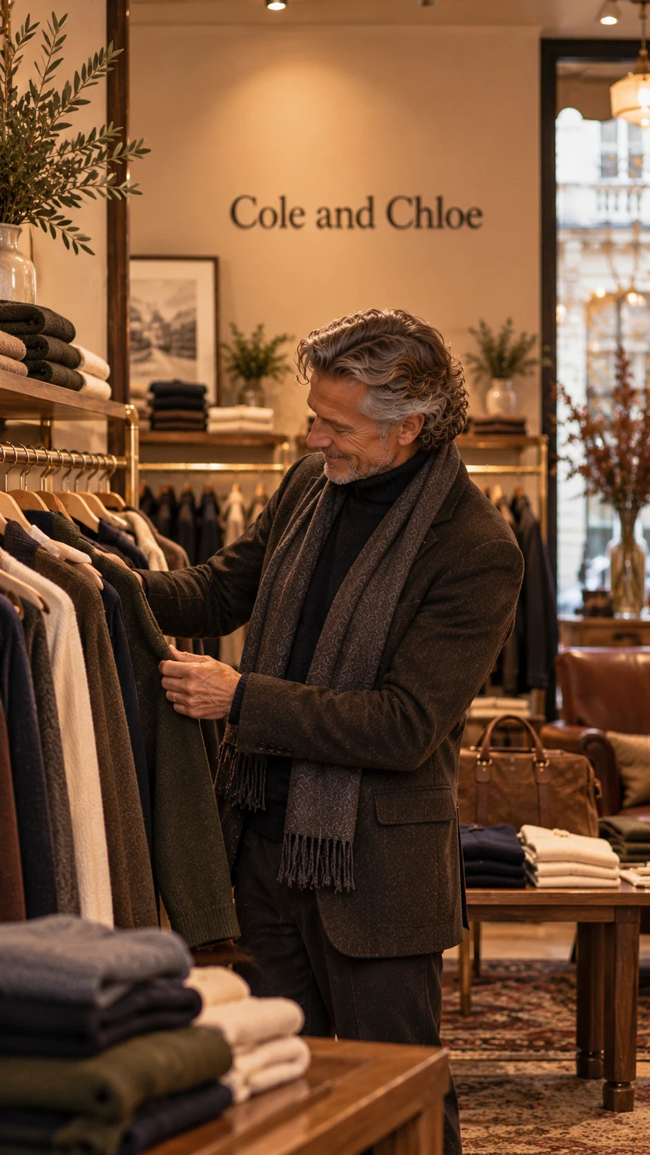 Homme en blazer et écharpe qui choisit un pull en laine dans une boutique de mode