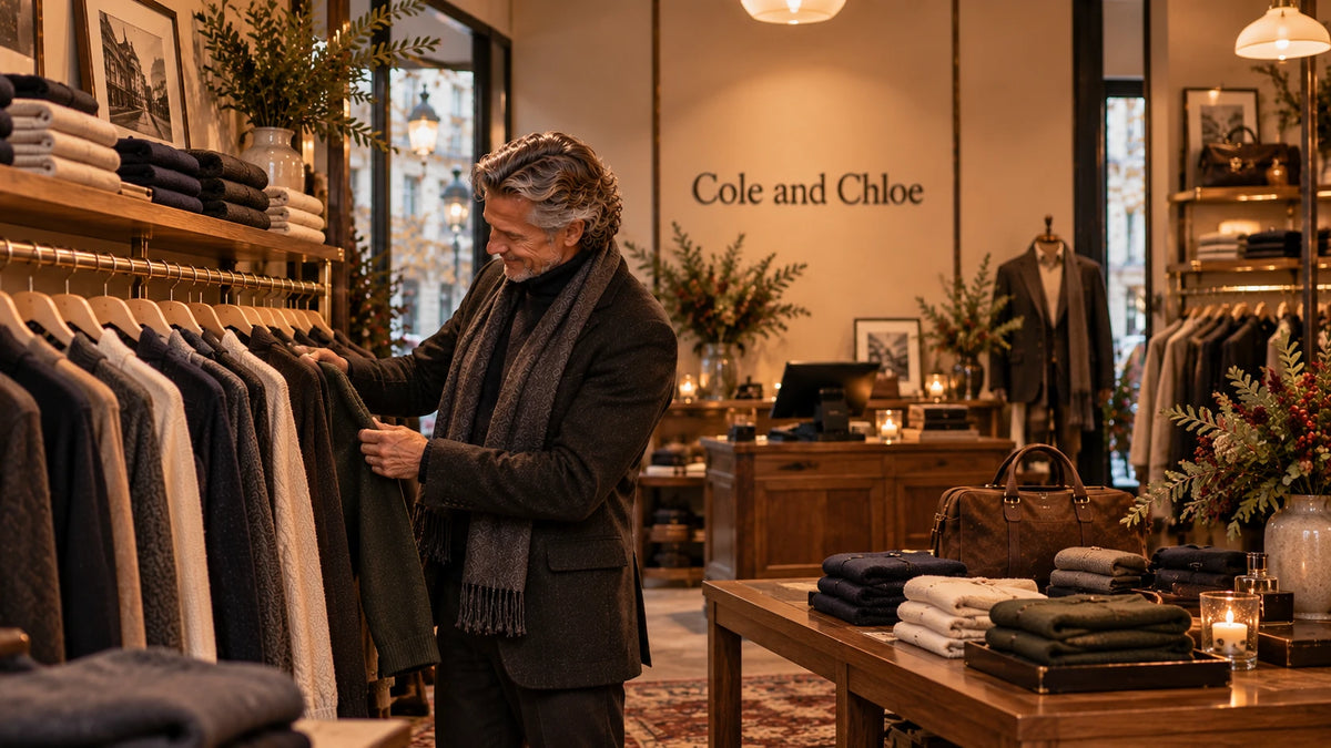 Homme en blazer et écharpe qui choisit un pull en laine dans une boutique de mode