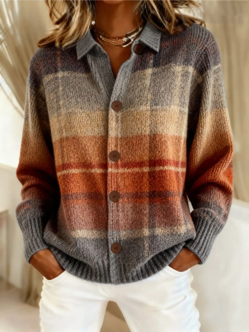 Cardigan à Carreaux Femme Boutonné Manches Longues - Multicolore