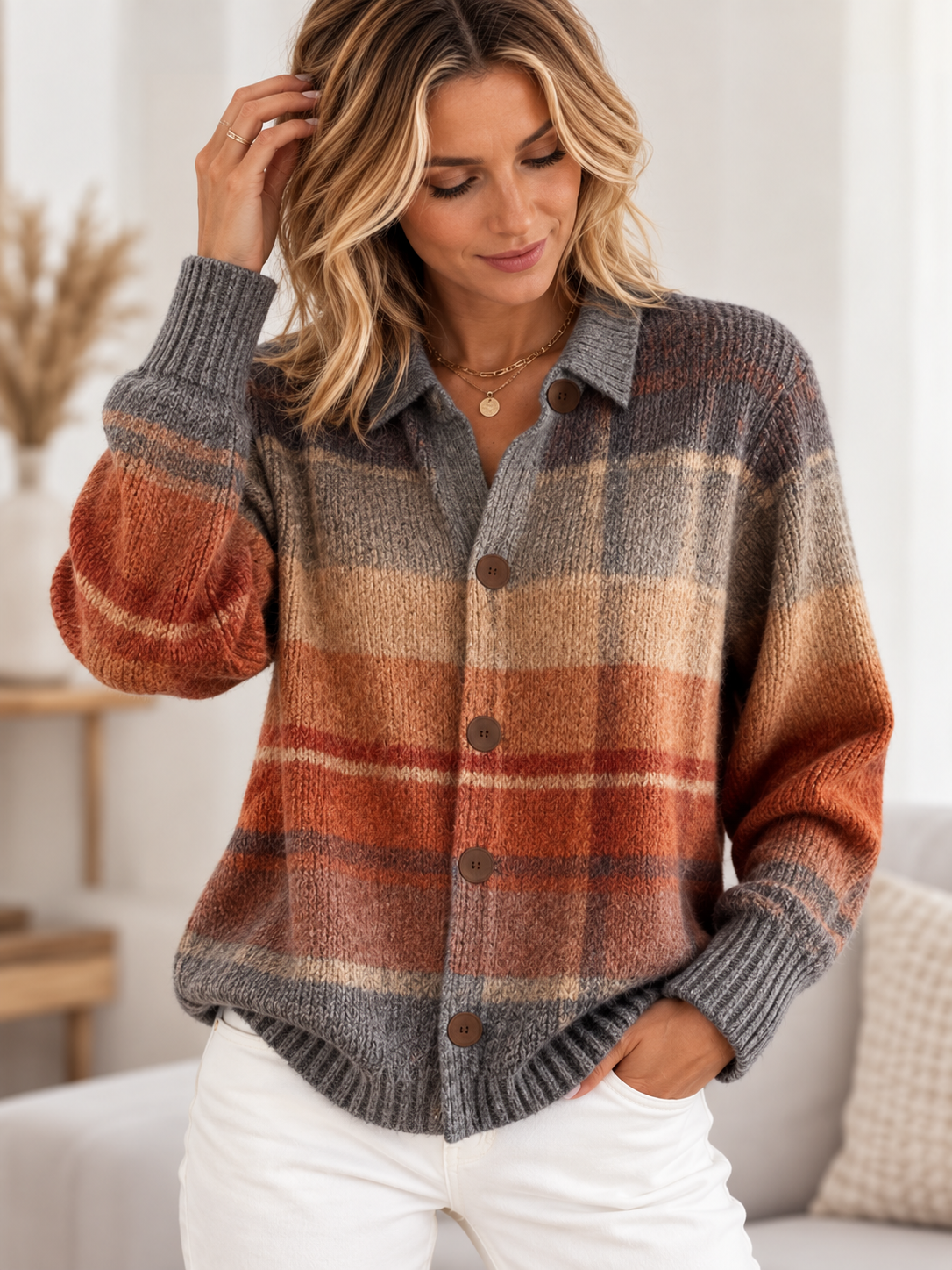 Cardigan à Carreaux Femme Boutonné Manches Longues