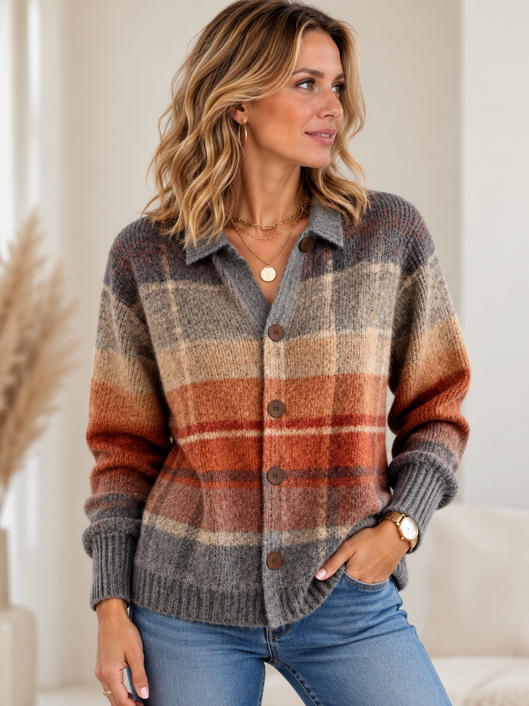 Cardigan à Carreaux Femme Boutonné Manches Longues