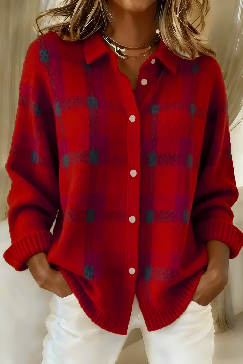 Cardigan à Carreaux Femme en Tricot Manches Longues