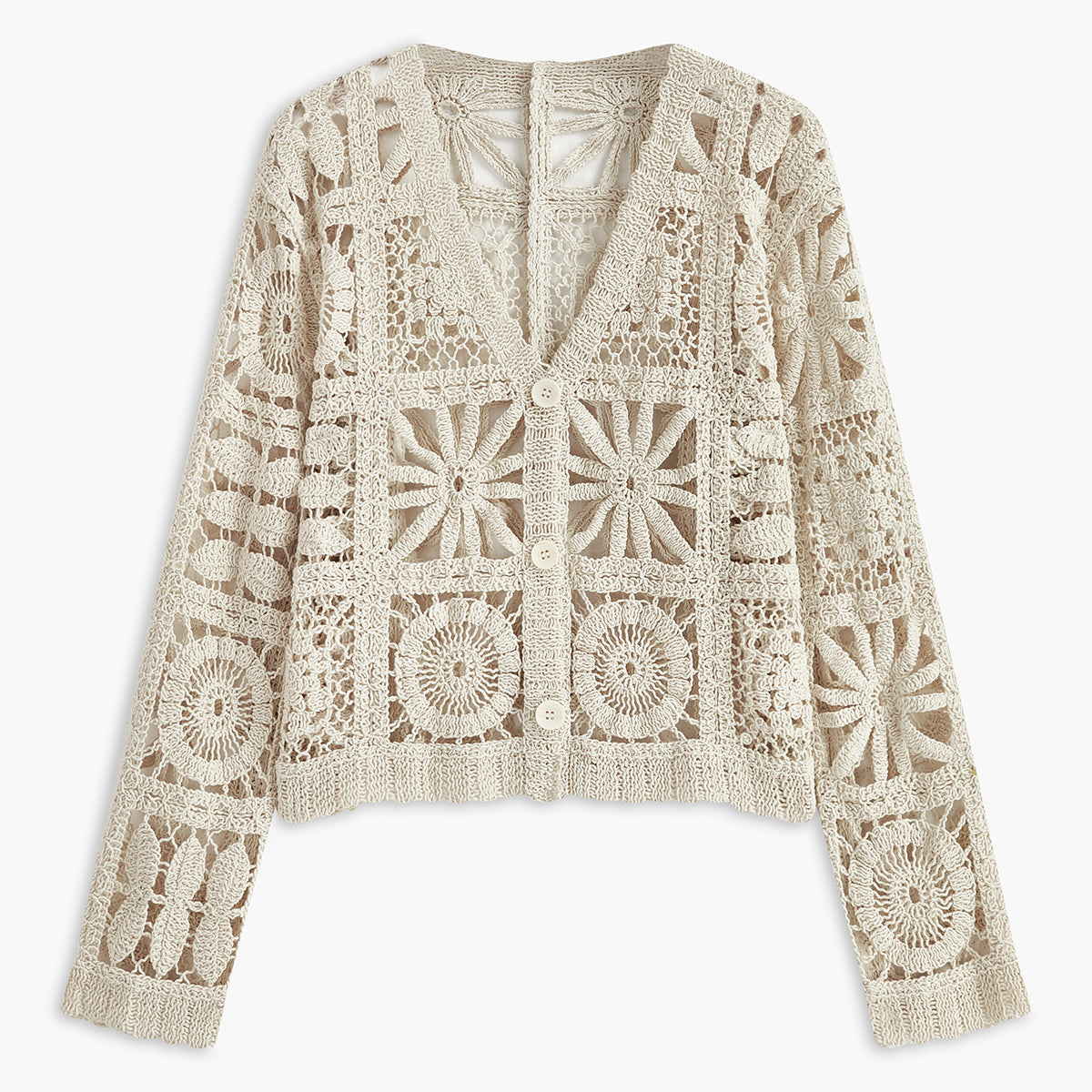 Cardigan boutonné motif crochet femme