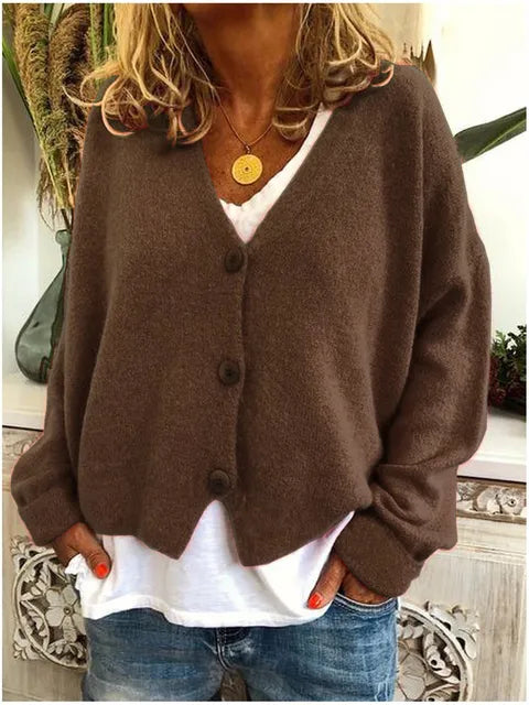 Cardigan col V femme maille boutonné coupe décontractée - Marron