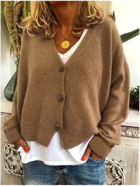 Cardigan col V femme maille boutonné coupe décontractée - Kaki