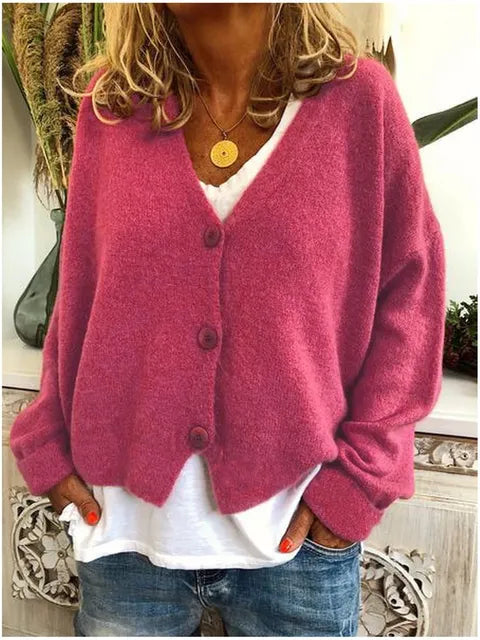 Cardigan col V femme maille boutonné coupe décontractée - Rose