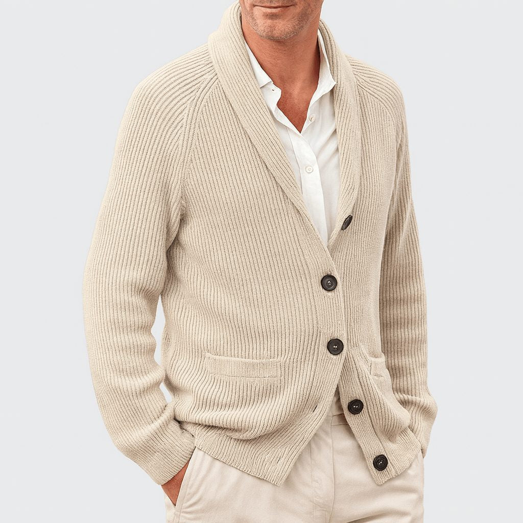 Cardigan Homme Col Tailleur Maille Côtelée Boutonné - Beige
