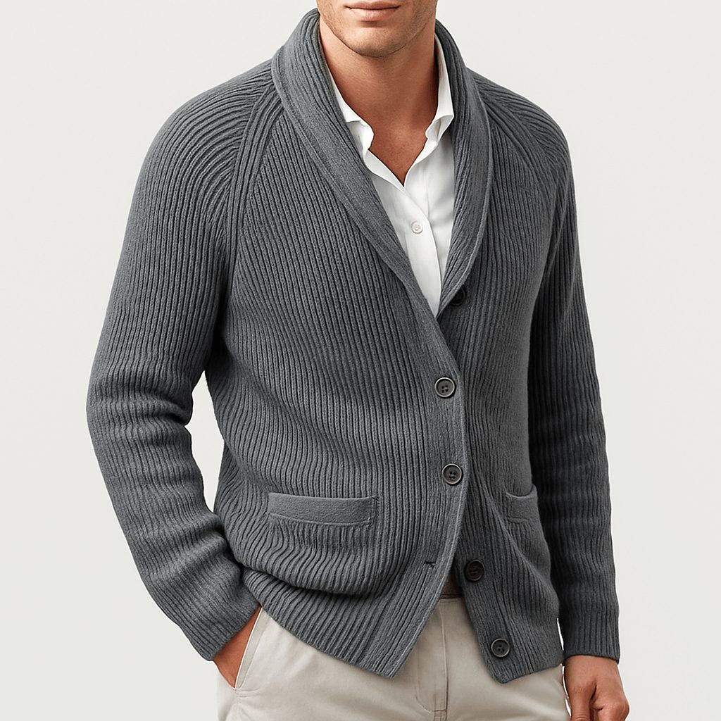 Cardigan Homme Col Tailleur Maille Côtelée Boutonné - Gris