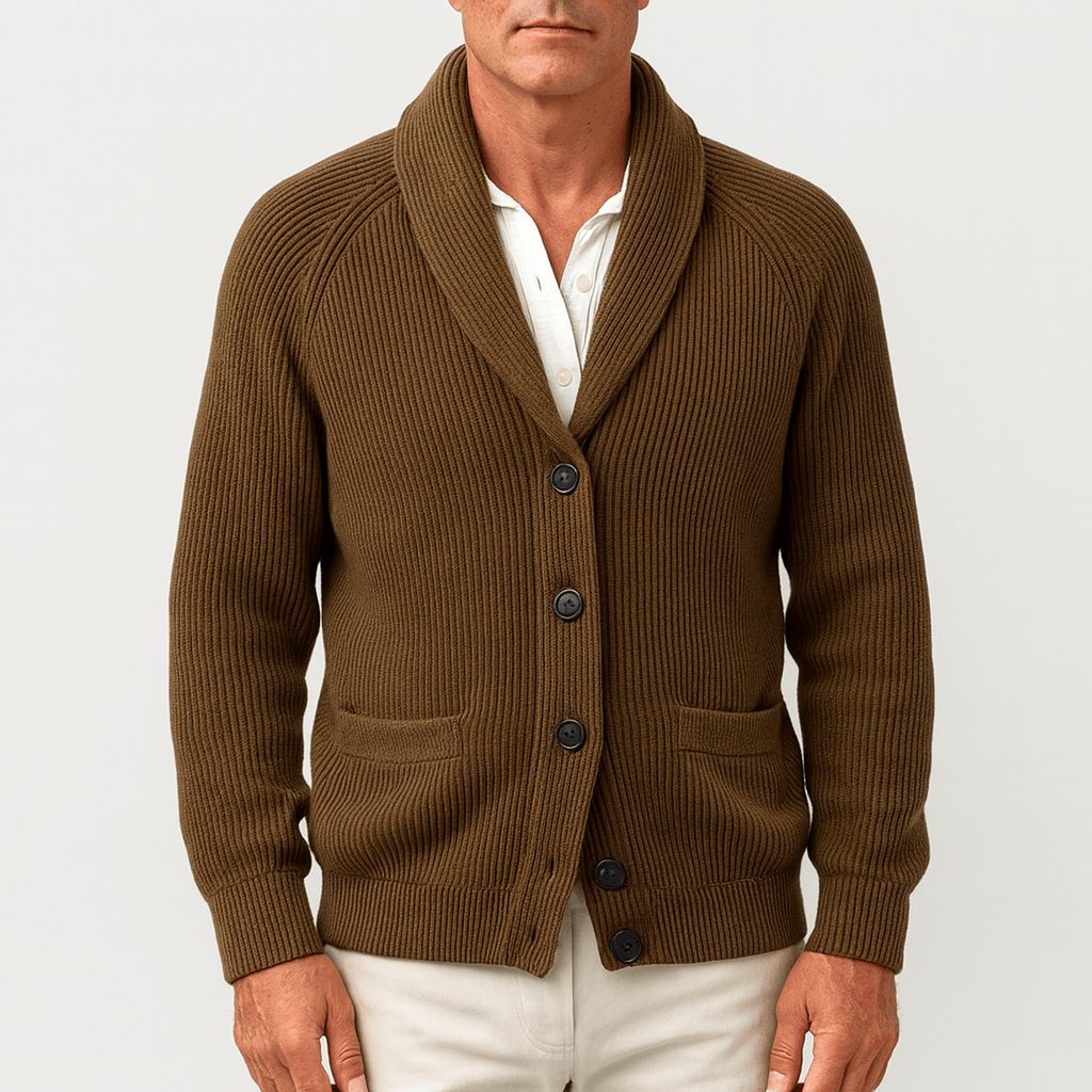 Cardigan Homme Col Tailleur Maille Côtelée Boutonné - Marron
