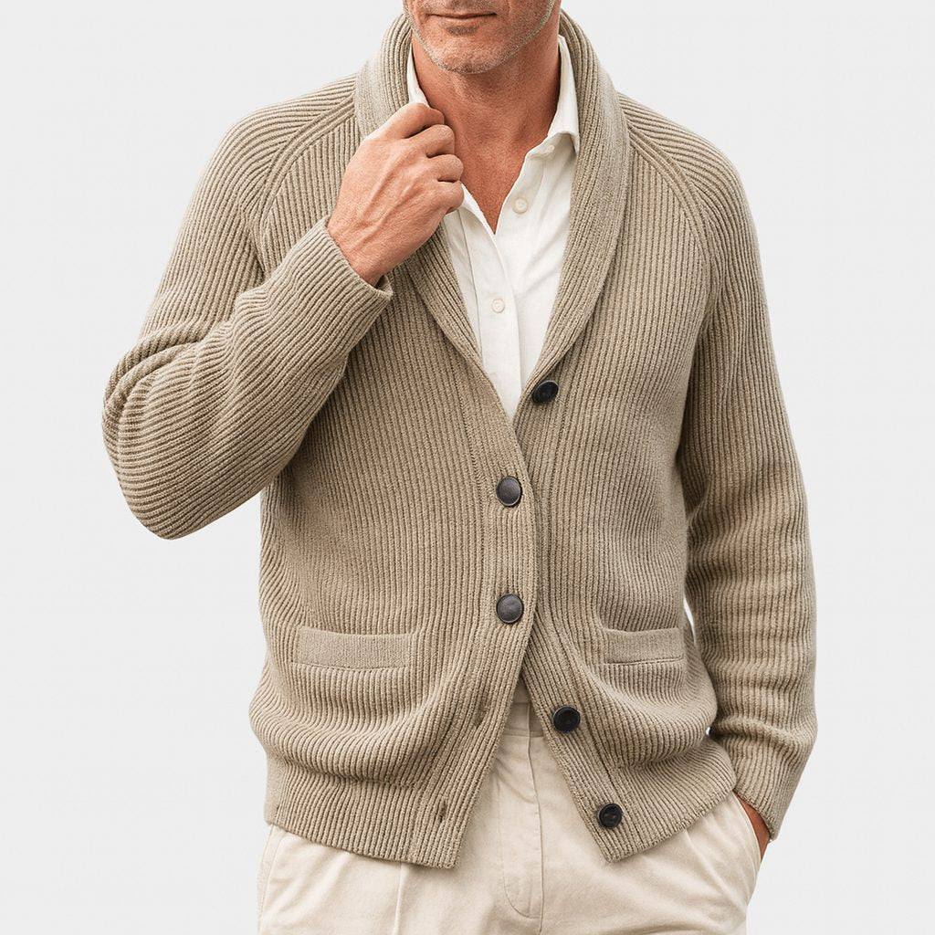 Cardigan Homme Col Tailleur Maille Côtelée Boutonné - Kaki