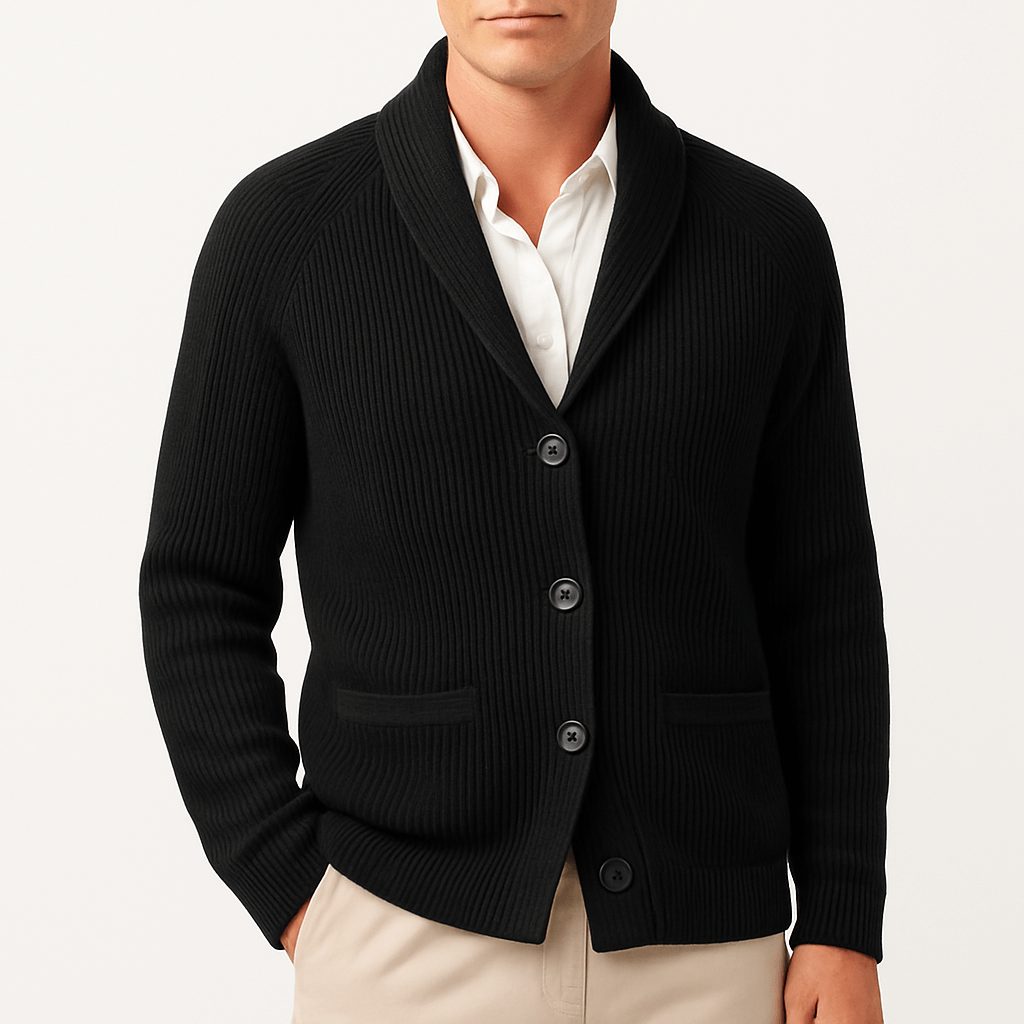 Cardigan Homme Col Tailleur Maille Côtelée Boutonné - Noir