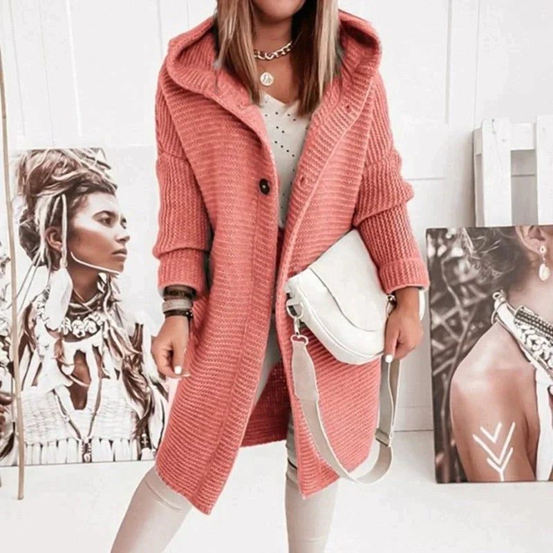 Cardigan long femme maille côtelée boutonné - Rouge