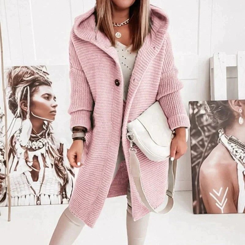 Cardigan long femme maille côtelée boutonné - Rose
