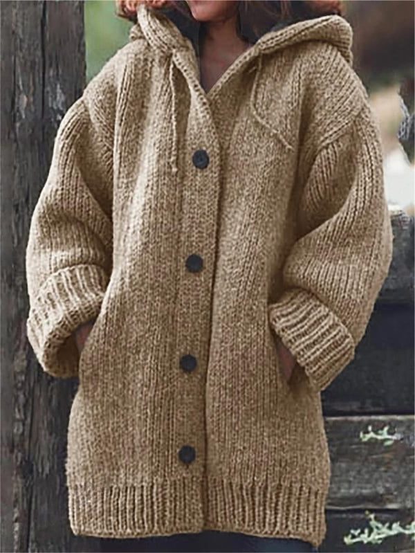 Cardigan oversize à capuche femme en maille côtelée - Kaki