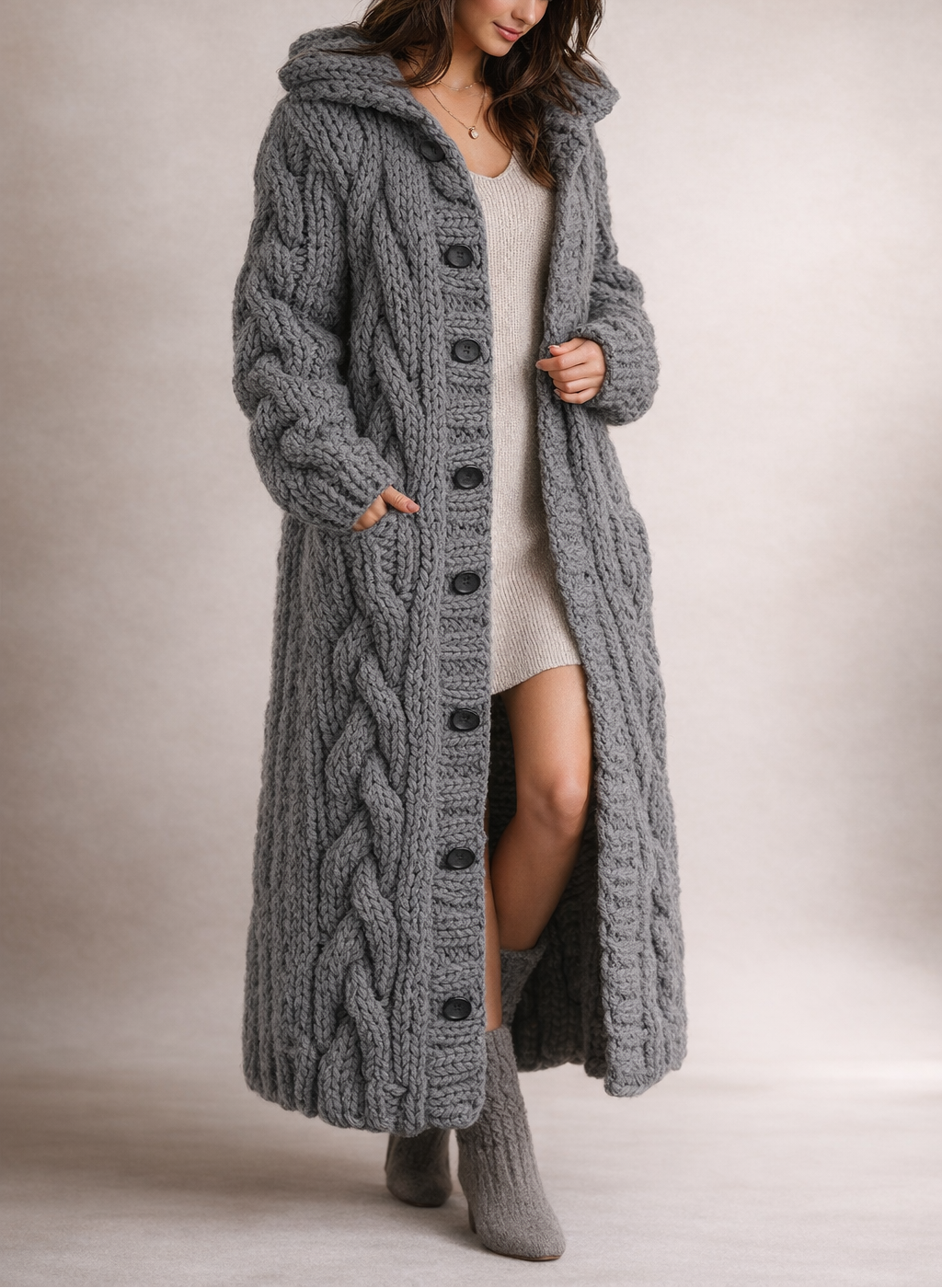 Cardigan long oversize femme maille torsadée - Gris Foncé