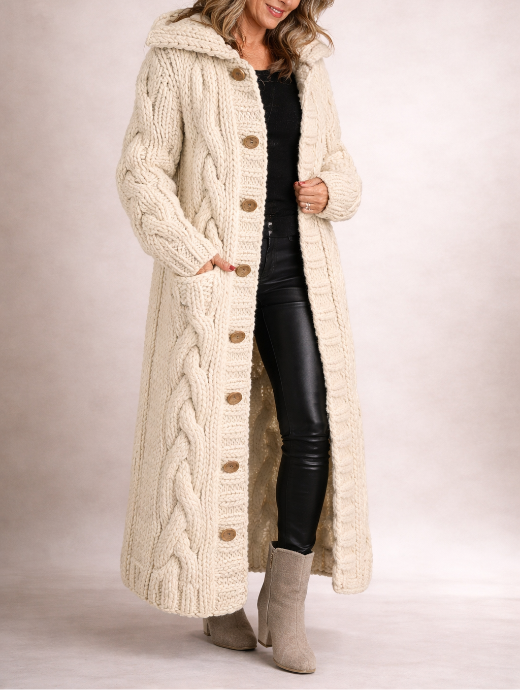 Cardigan long oversize femme maille torsadée - Beige