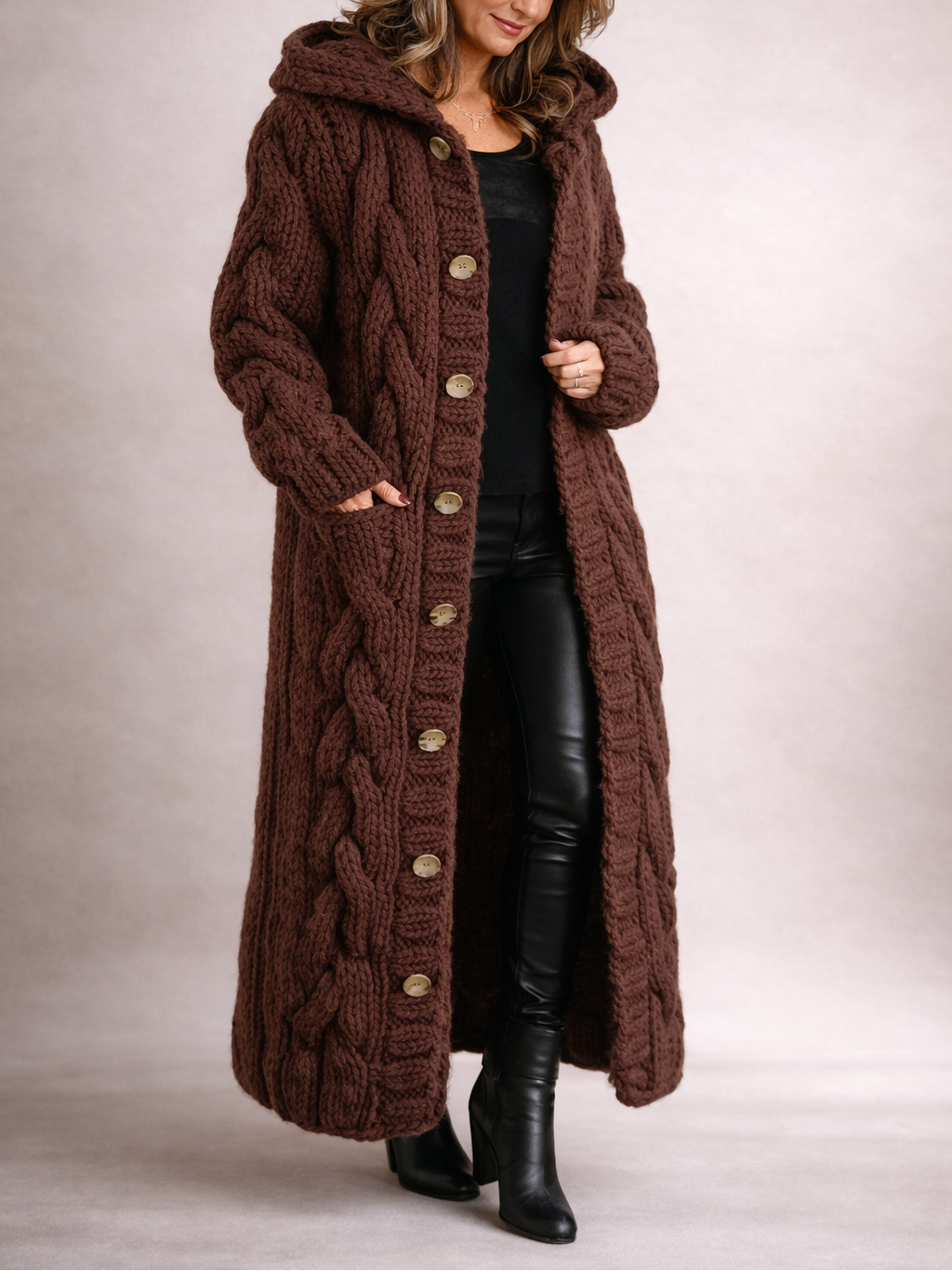 Cardigan long oversize femme maille torsadée - Marron