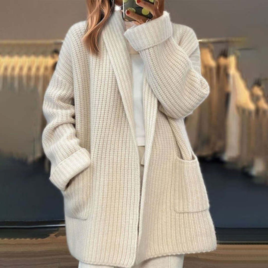 Cardigan oversize femme ouvert en maille épaisse à poches - Off-white