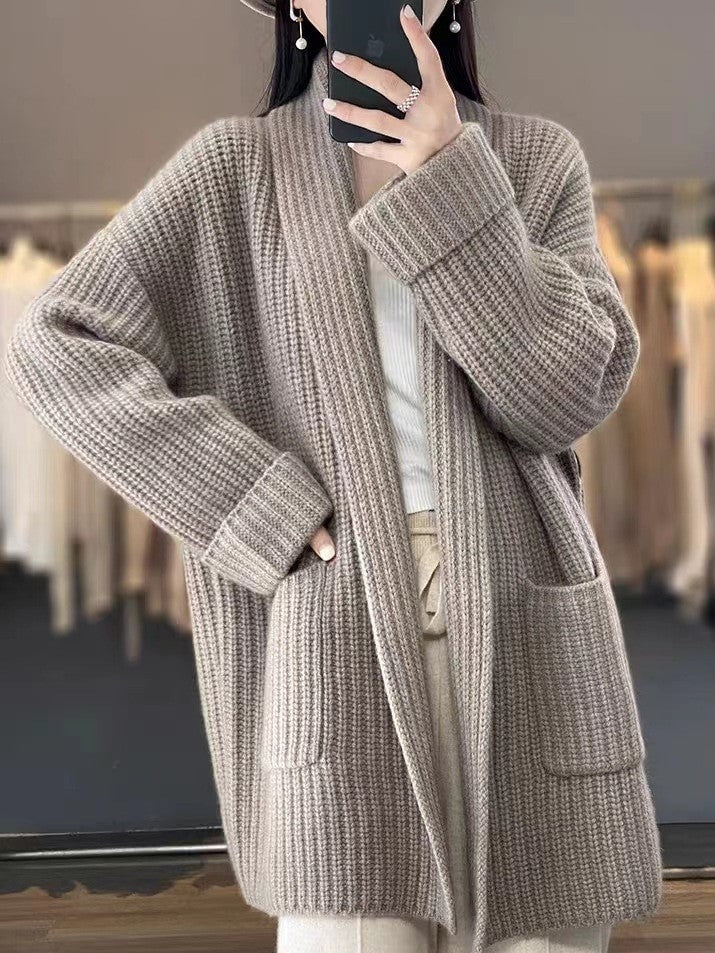 Cardigan oversize femme ouvert en maille épaisse à poches