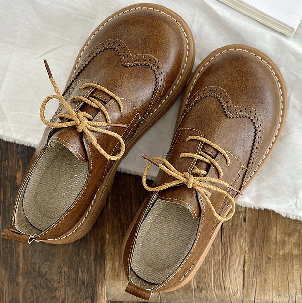 Chaussures Oxford Femme Bout Carré Large Détails Brogue - Marron