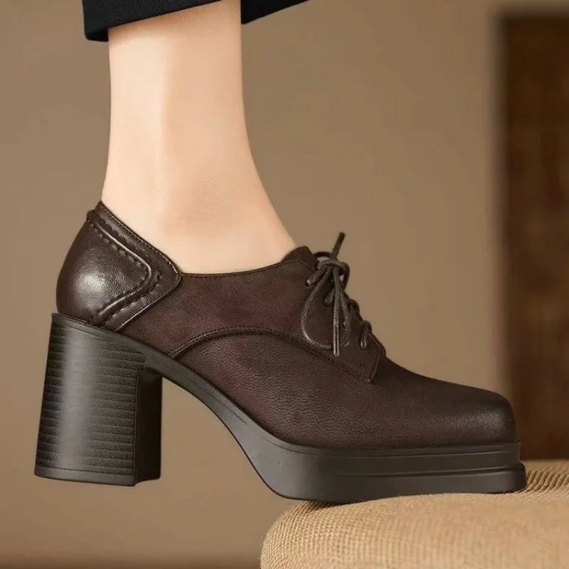Chaussures Oxford Femme en Cuir Talon Bloc Confort