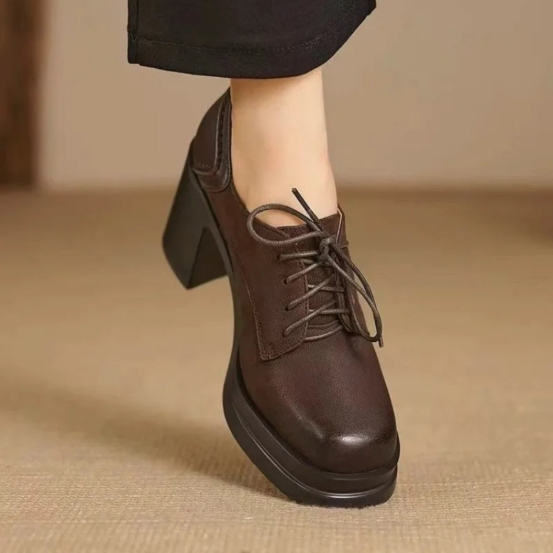 Chaussures Oxford Femme en Cuir Talon Bloc