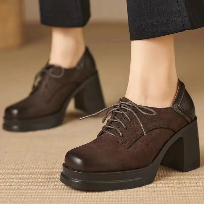 Chaussures Oxford Femme en Cuir Talon Bloc