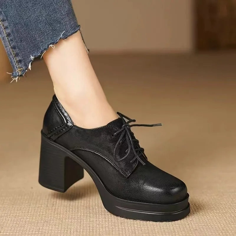Chaussures Oxford Femme en Cuir Talon Bloc - Noir