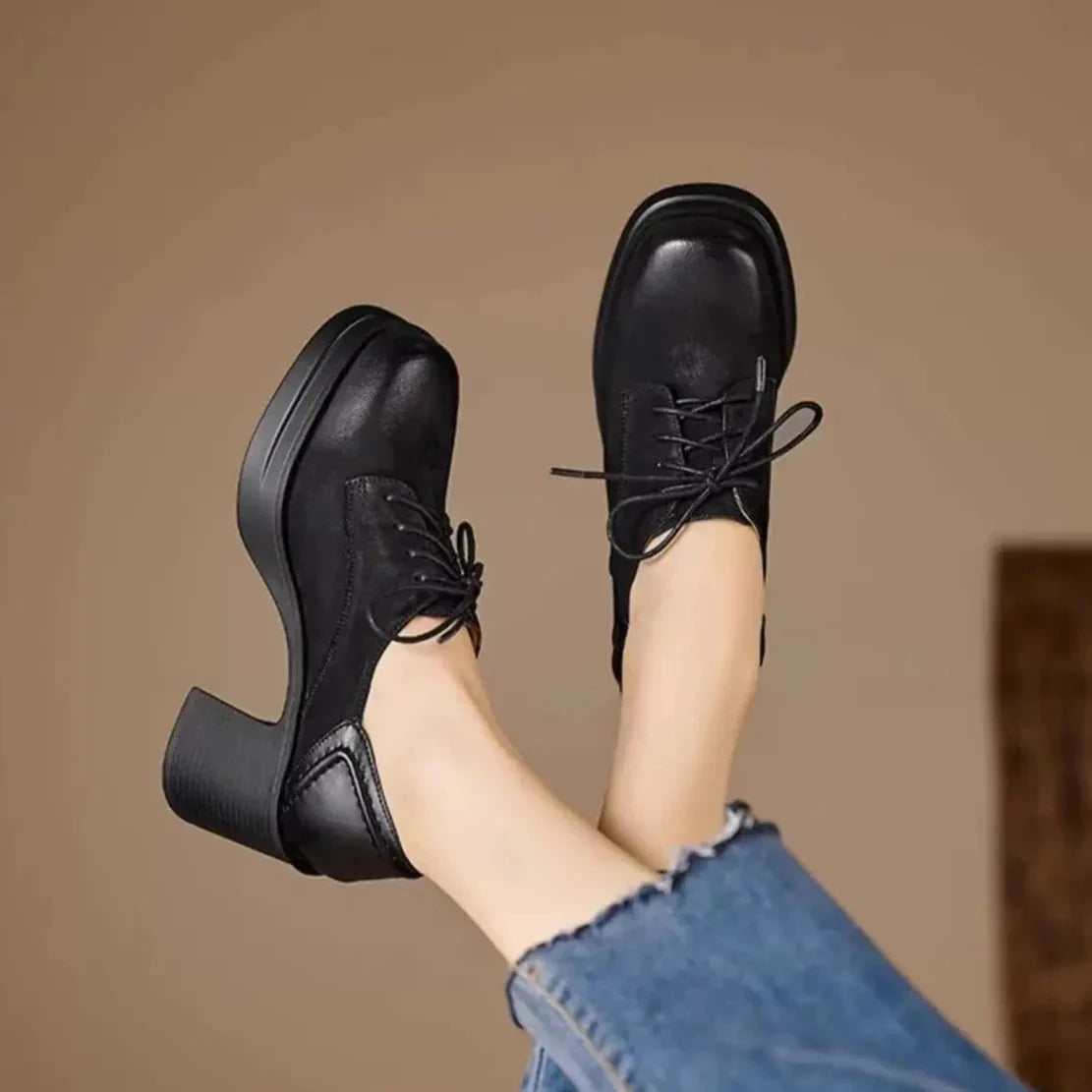 Chaussures Oxford Femme en Cuir Talon Bloc