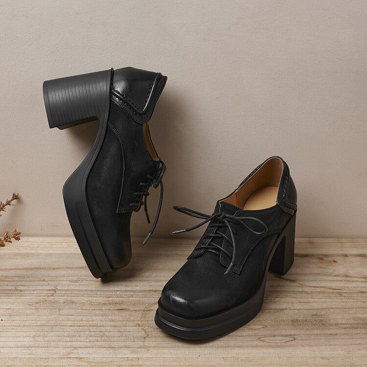 Chaussures Oxford Femme en Cuir Talon Bloc