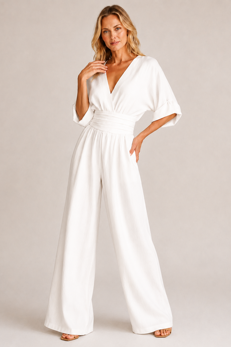 Combinaison femme jambes larges taille haute manches trois-quarts