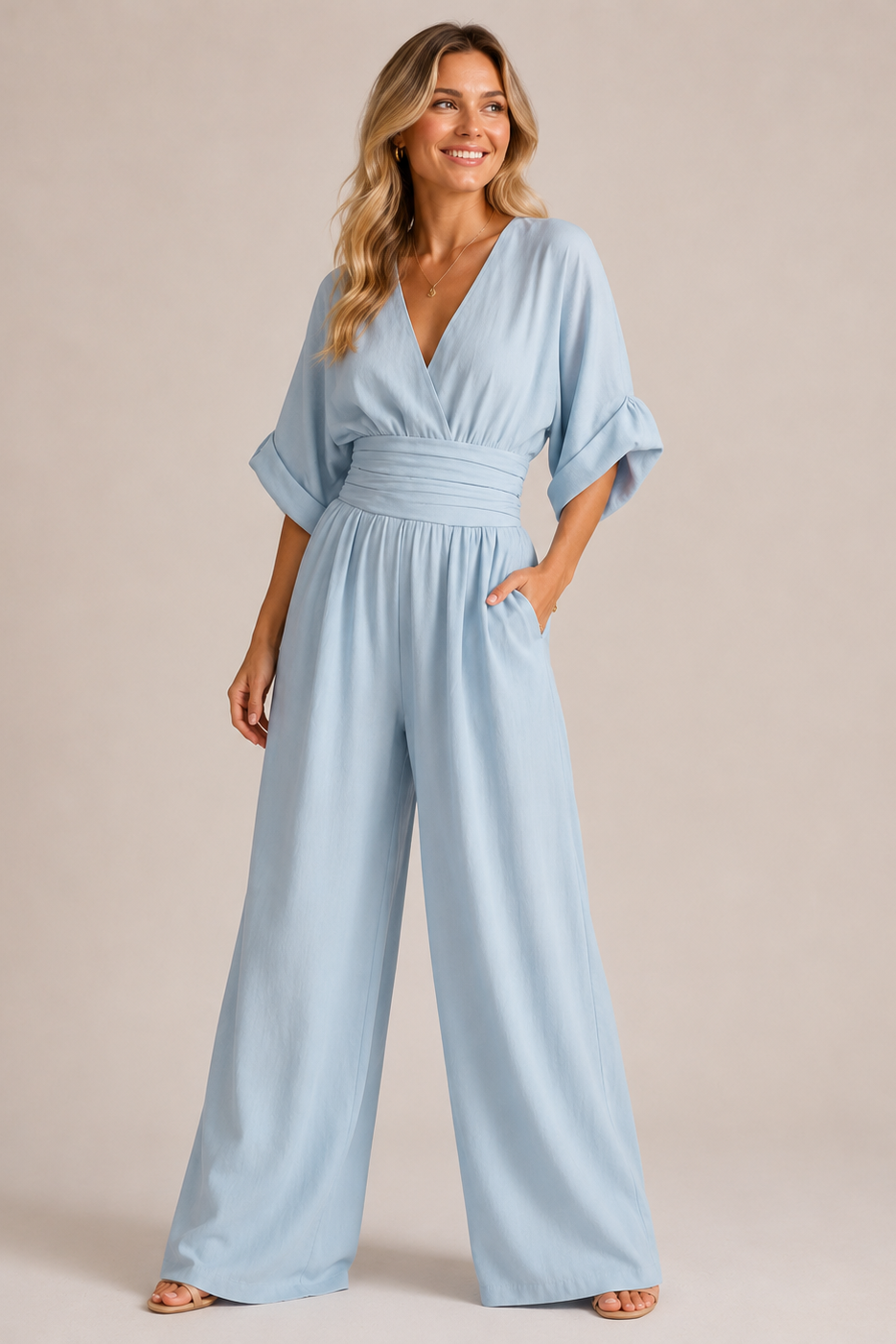 Combinaison femme jambes larges taille haute manches trois-quarts