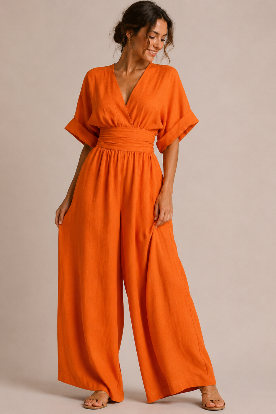 Combinaison femme jambes larges taille haute manches trois-quarts