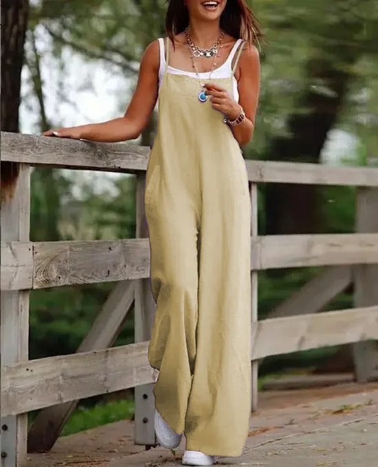 Combinaison salopette femme jambe large sans manches avec bretelles réglables