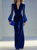 Combinaison Velours Femme Col V Manches Résille - Royal Blue