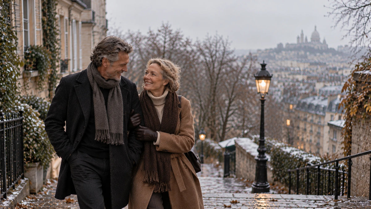 Couple élégant descendant les escaliers de Montmartre en hiver, manteau noir et manteau camel